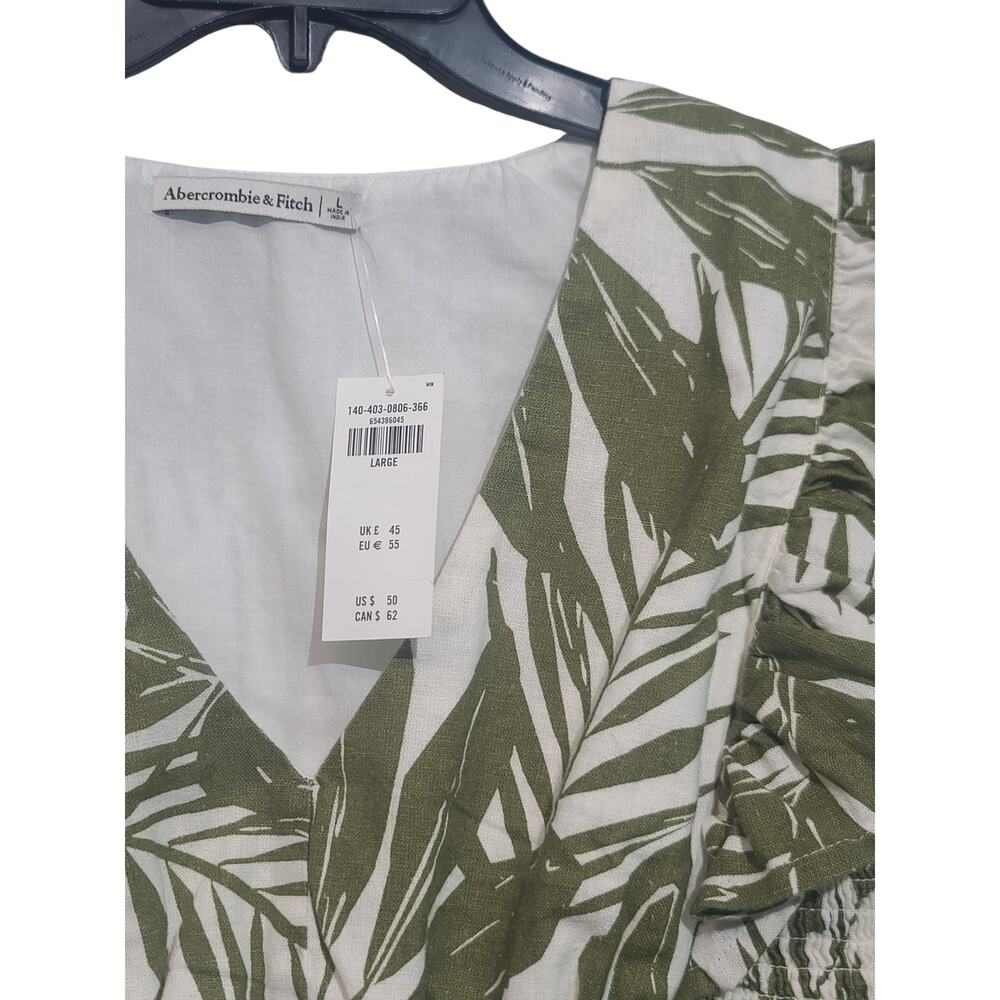 Abercrombie Blouse Large NWT Green Floral Smocked Ruffle Cap Sleeve Linen Blend - Picture 3 of 5